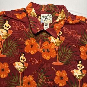 Big Dogs Hawaiian Men's Shirt XL Martini Glass Pin-Up Hula Girl Beach Luau Tiki
